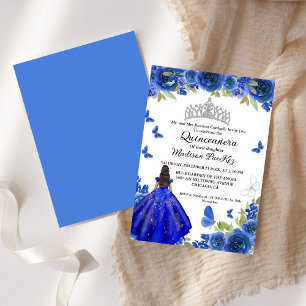 Invitación Elegante Blue Royal Floral Butterfly Quinceanera