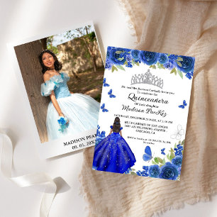 Invitación Elegante Blue Royal Floral Butterfly Quinceanera