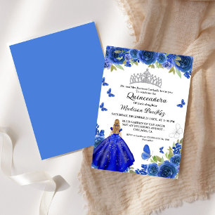 Invitación Elegante Blue Royal Floral Butterfly Quinceanera