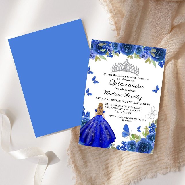 Invitación Elegante Blue Royal Floral Butterfly Quinceanera (Subido por el creador)
