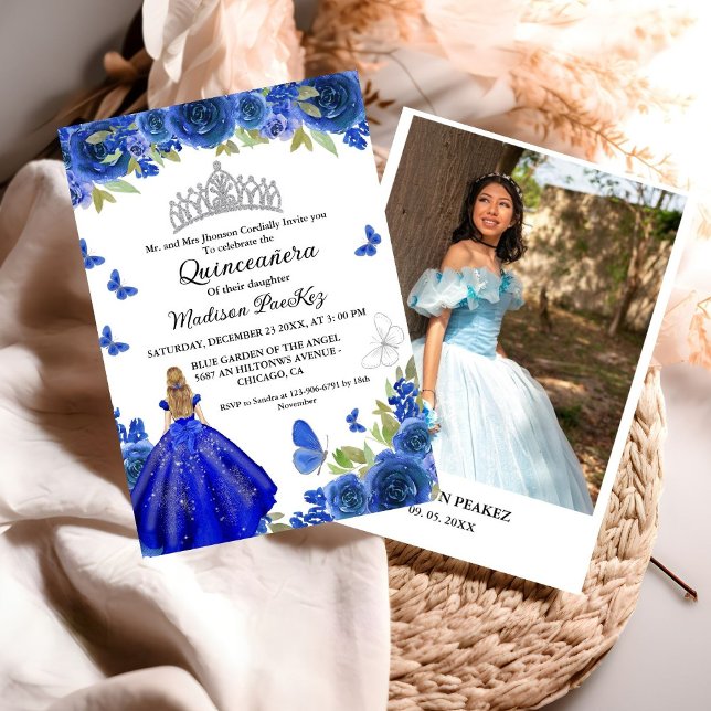 Invitación Elegante Blue Royal Floral Butterfly Quinceanera (Subido por el creador)