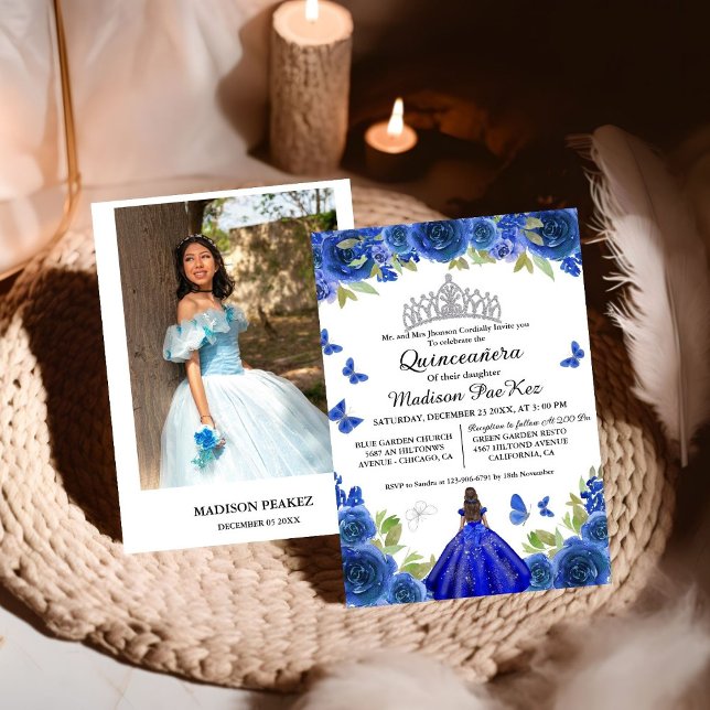 Invitación Elegante Blue Royal Floral Butterfly Quinceanera (Subido por el creador)