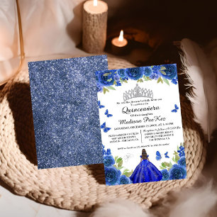 Invitación Elegante Blue Royal Floral Butterfly Quinceanera