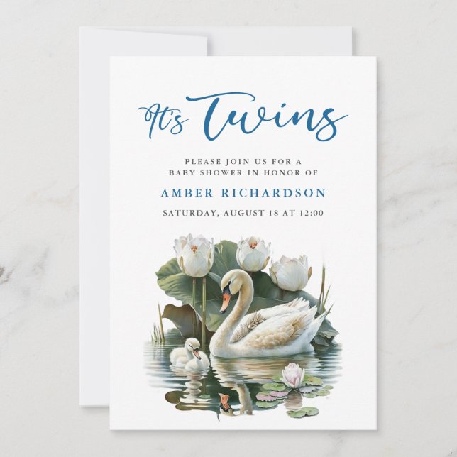 Invitación Elegante Blue Script Swan Simple Boy Baby Shower (Anverso)