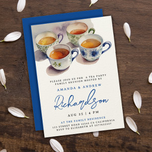 Invitación Elegante Blue Script Tea Fiesta Reunion acuarela