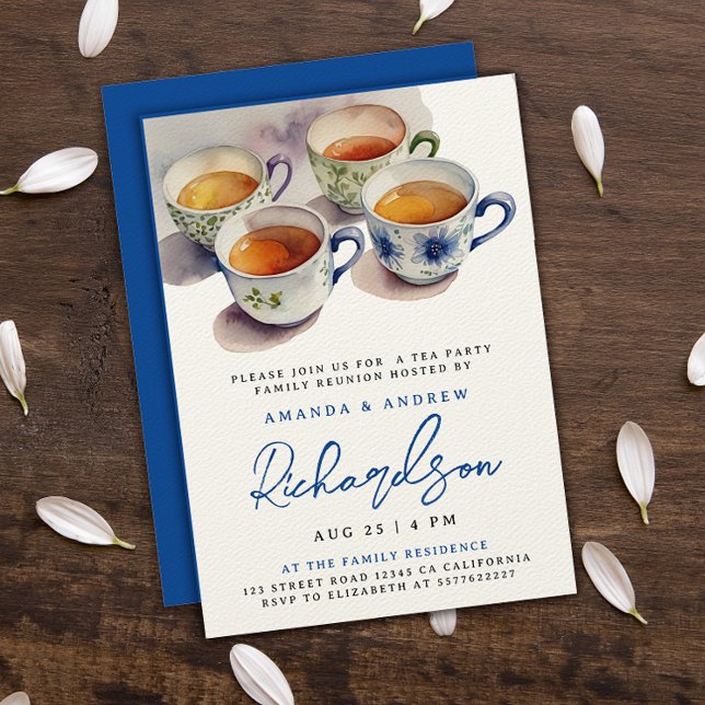 Invitación Elegante Blue Script Tea Fiesta Reunion acuarela (Subido por el creador)
