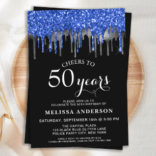 Invitación Elegante Blue Silver Purpurina negro Drip 50 cumpl