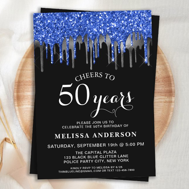 Invitación Elegante Blue Silver Purpurina negro Drip 50 cumpl (Subido por el creador)