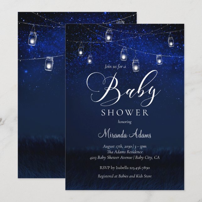 Invitación Elegante Blue Starry Night Mason Jar Baby Shower (Anverso / Reverso)