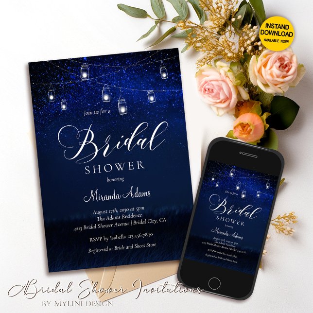 Invitación Elegante Blue Starry Night Mason Jar Bridal Shower (Subido por el creador)