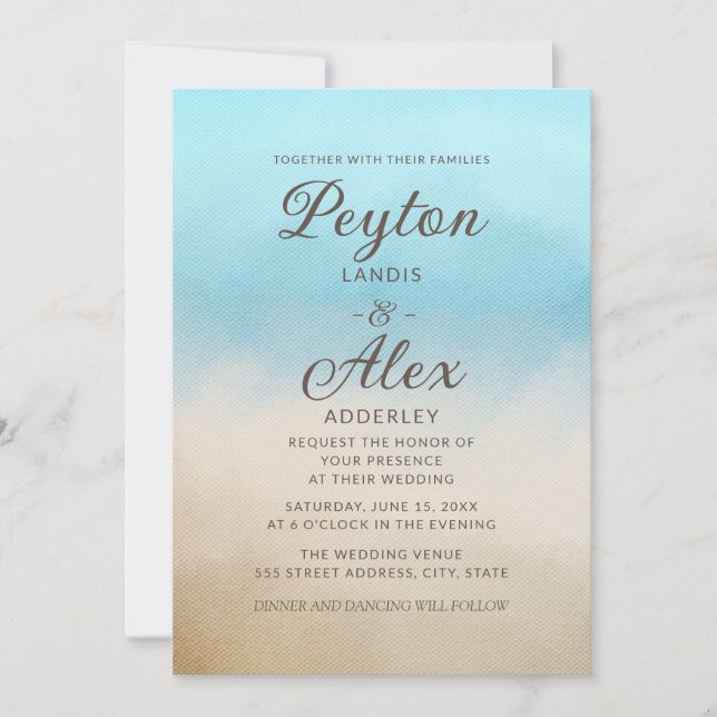 Invitación Elegante Blue Tan Watercolor Beach Océano inspirad (Anverso)