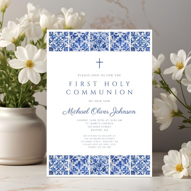Invitación Elegante Blue Tiles Boy Primera Comunión (Elegant Blue Tiles Boy First Communion Invitation)