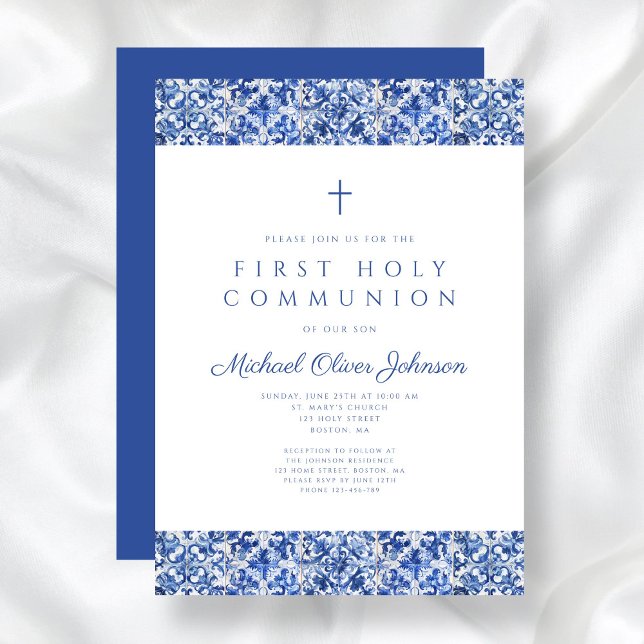 Invitación Elegante Blue Tiles Boy Primera Comunión (Elegant Blue Tiles Boy First Communion Invitation)