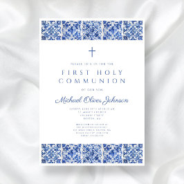 Invitación Elegante Blue Tiles Boy Primera Comunión