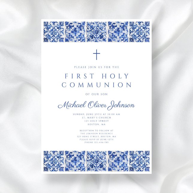 Invitación Elegante Blue Tiles Boy Primera Comunión (Elegant Blue Tiles Boy First Communion Invitation)