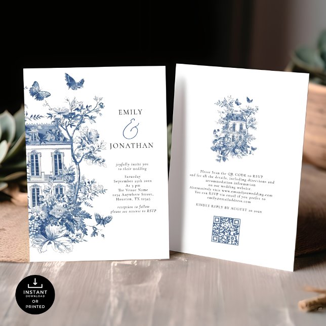 Invitación Elegante Blue Toile De Jouy QR Code Boda (Front and back view)