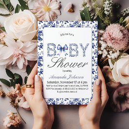 Invitación Elegante Blue Toile de Jouy y Bow Baby Shower