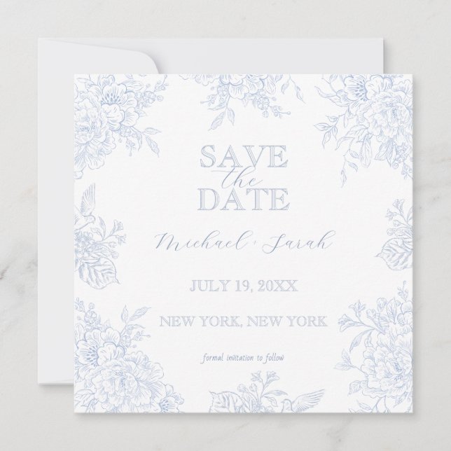 Invitación Elegante Blue Toile Floral Square Save the Date (Anverso)