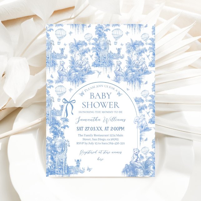 Invitación Elegante Blue Toile Safari Boy Baby Shower (Subido por el creador)