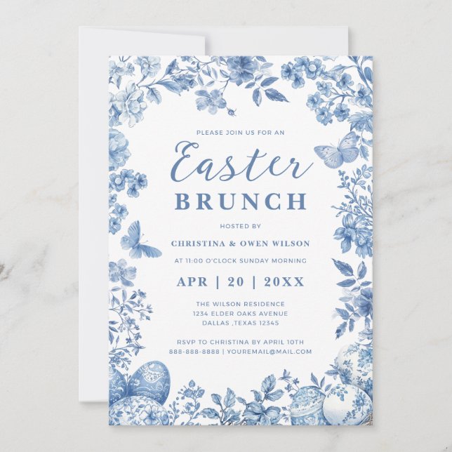 Invitación Elegante Blue Toile Whimsical Floral Easter Brunch (Anverso)