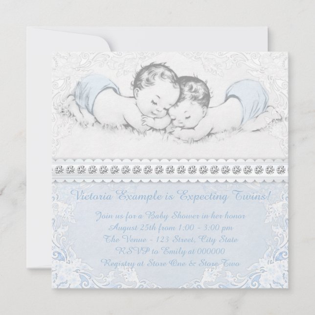 Invitación Elegante Blue Twin Boy Baby Shower (Anverso)