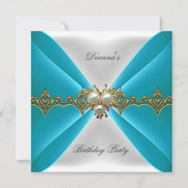 Invitación Elegante Blue Verde azulada Birthday Gold Jewel Se (Anverso)