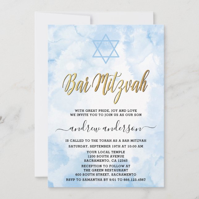 Invitación Elegante Blue Watercolor Bar Mitzvah (Anverso)