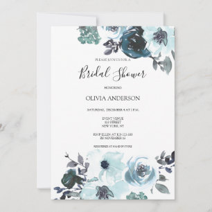 Invitación Elegante Blue Watercolor Floral Bridal Shower