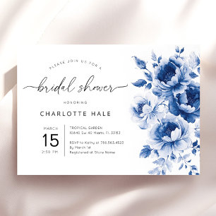 Invitación Elegante Blue Watercolor Floral Bridal Shower