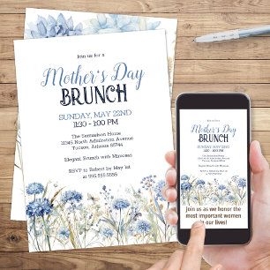 Invitación Elegante Blue Watercolor Floral Brunch del Día de 