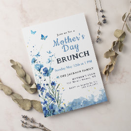 Invitación Elegante Blue Watercolor Floral Brunch del Día de