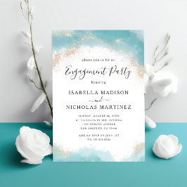 Invitación Elegante Blue Watercolor Gold Engagement Party