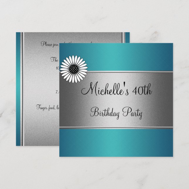 Invitación Elegante Blue White Flower Silver 40 cumpleaños (Anverso / Reverso)