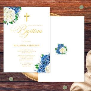 Invitación Elegante Blue White Hydrangeas Baptismo cruzado de