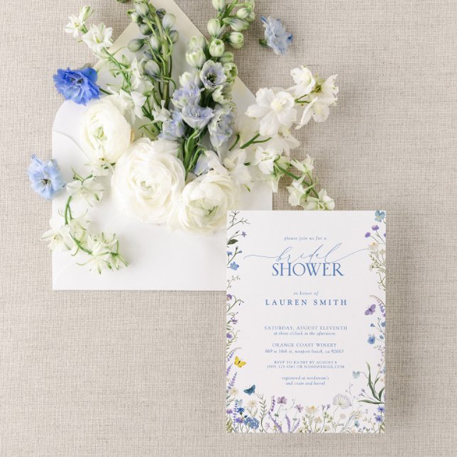 Invitación Elegante Blue Wildflower Floral Bridal Shower (Join us for a blue wildflower bridal shower!)