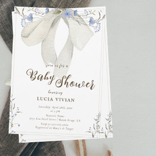Invitación Elegante Blue Wildflowers Coquette Bow Baby Shower