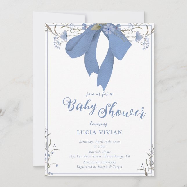 Invitación Elegante Blue Wildflowers Coquette Bow Baby Shower (Anverso)