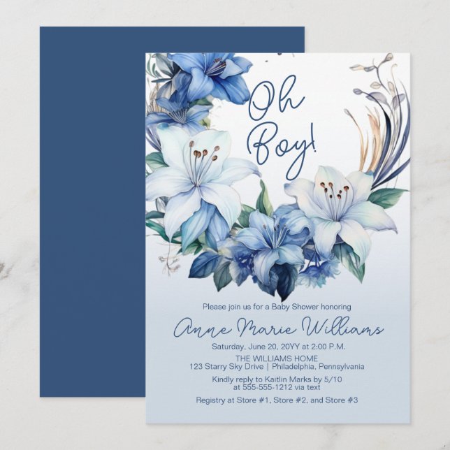 Invitación Elegante Blue Winter Floral Boy Baby Shower (Anverso / Reverso)