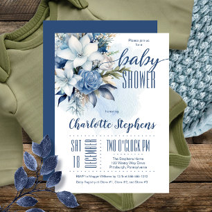 Invitación Elegante Blue Winter Floral Boy Baby Shower