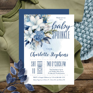 Invitación Elegante Blue Winter Floral Boy Baby Sprinkle