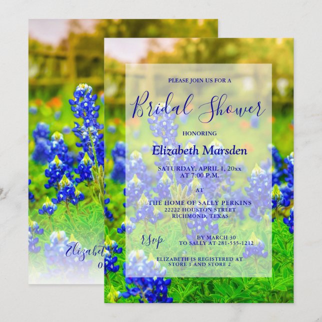 Invitación Elegante Bluebonnets Floral Photo Bridal Shower (Anverso / Reverso)