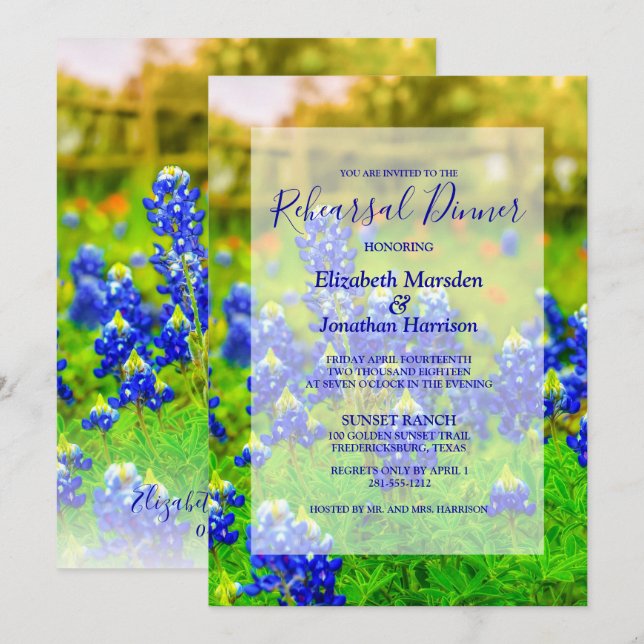 Invitación Elegante Bluebonnets Floral Photo Rehearner Cena (Anverso / Reverso)