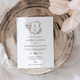 Invitación Elegante Blush Rosa Floral Monograma Cresta Boda