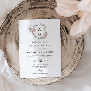 Invitación Elegante Blush Rosa Floral Monograma Cresta Boda