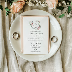 Invitación Elegante Blush Rosa Floral Monograma Cresta Boda