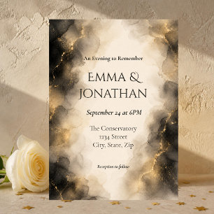Invitación Elegante Boda Abstracta de Acuarela en Negro y Dor