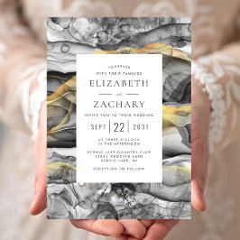 Invitación Elegante Boda Abstracta Negra Gris Dorada