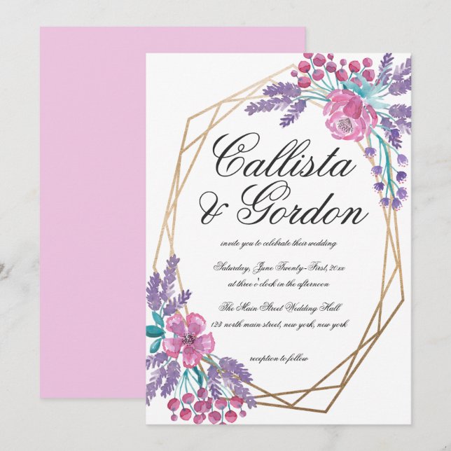 Invitación Elegante Boda acuarela de flores Gold Terrarium (Anverso / Reverso)