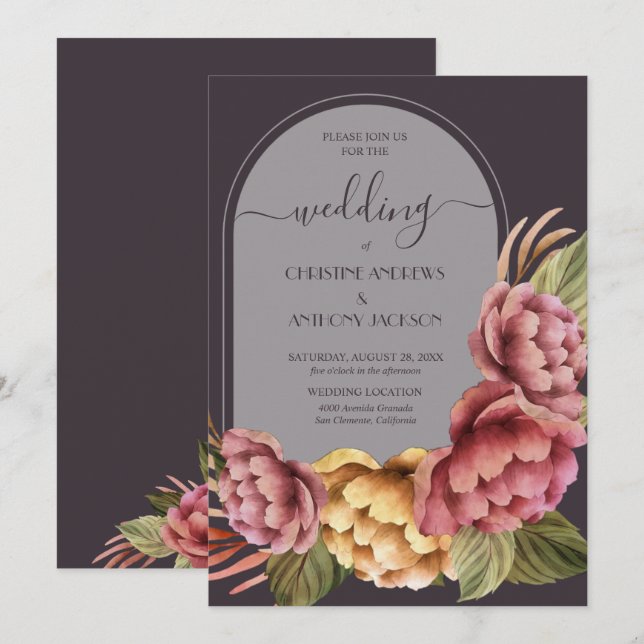 Invitación Elegante Boda acuarela floral (Anverso / Reverso)