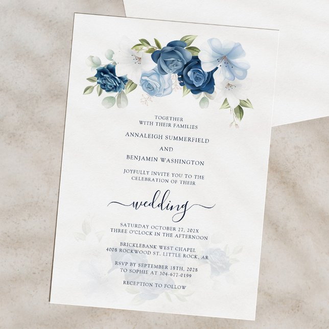 Invitación Elegante Boda acuarela floral (Floral Dusty Blue Bloom Script Wedding Invitation)
